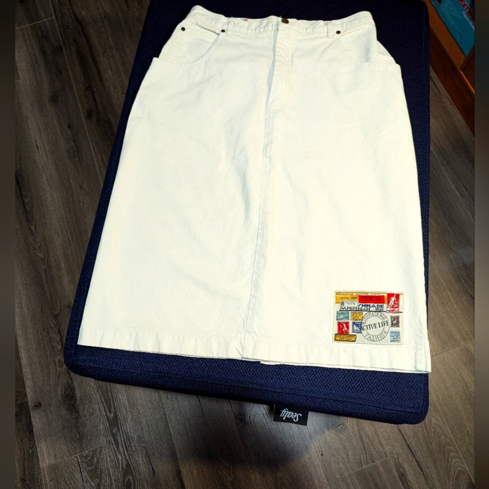 - White Denim Skirt with Patchwork Detail. Amsterdam Wording. Active Lif…